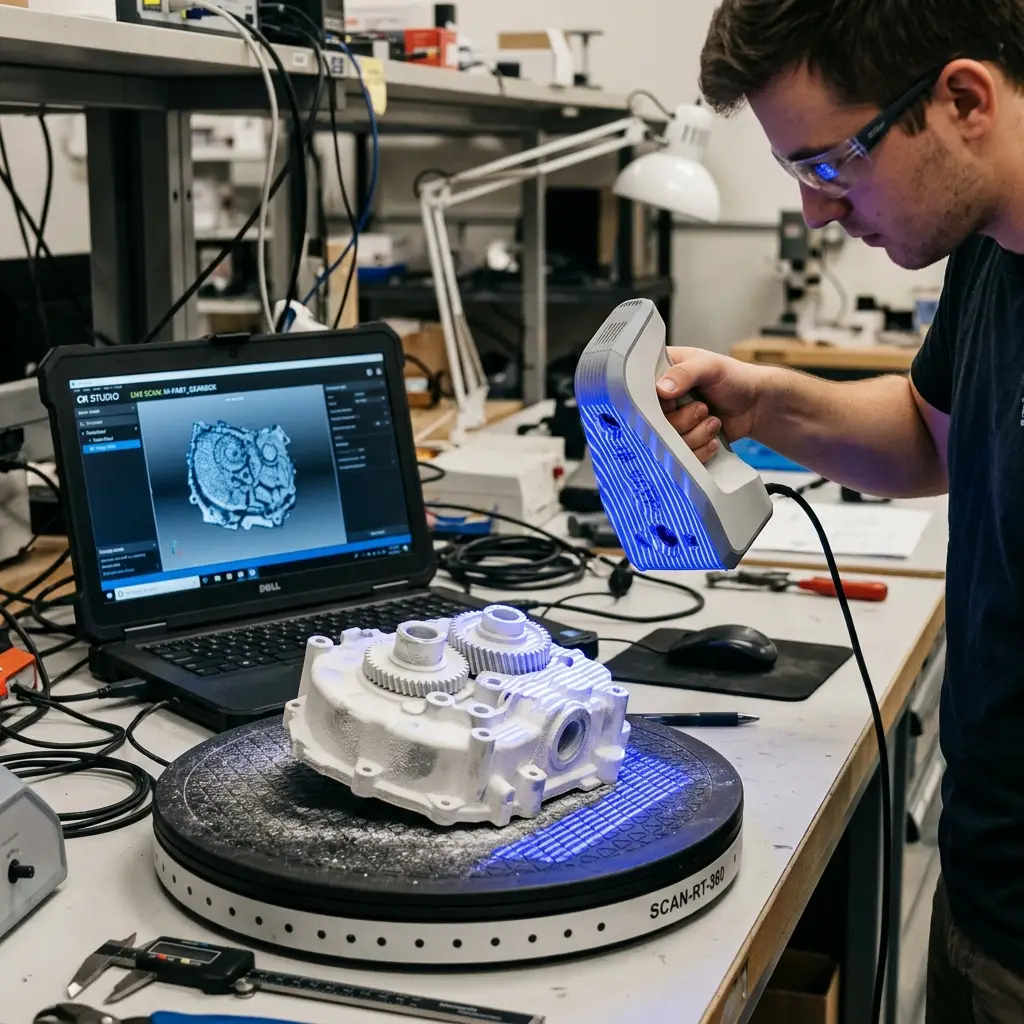 Handheld scanning of a component beside its digital reconstruction