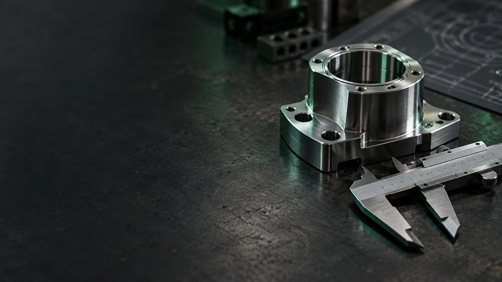 Machined component and calipers on an engineering workbench